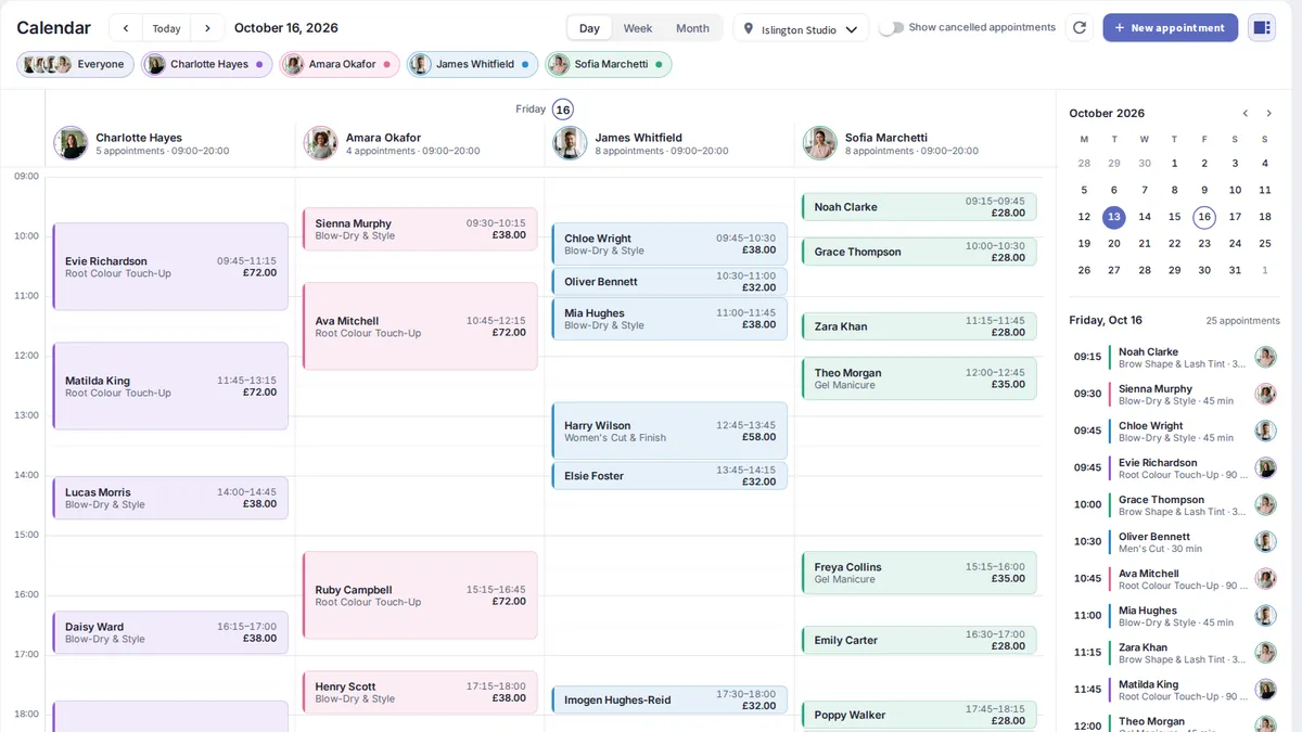 yAppointment weekly calendar view with color-coded appointments per staff member