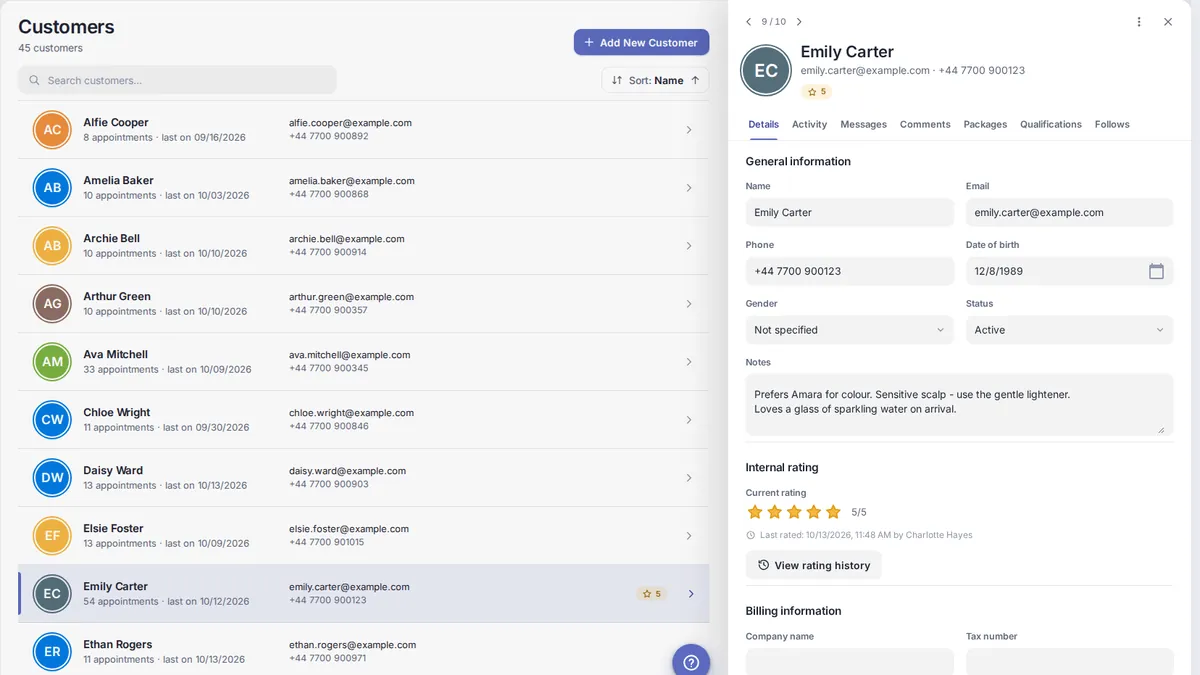 yAppointment customer profile showing full appointment history and notes