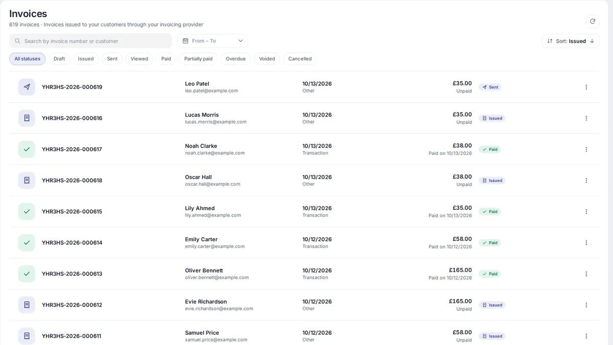 yAppointment invoicing system showing EU-compliant invoice generation